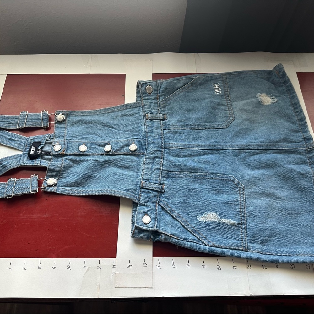 DKNY Denim Overall Dress with Distressed Details